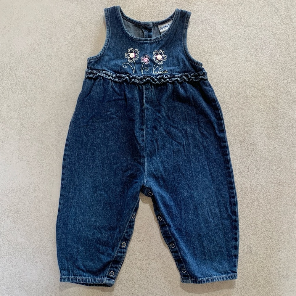 Oshkosh Ruffled Bubble Overalls Blue Jean Denim Jumpsuit Embroidered Flowers 18M